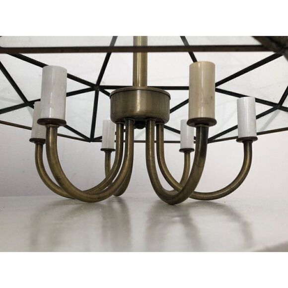 Vintage Mid Century Brass Octagon Diamond Hanging Glass Light Fixture Pendant - Picture 5 of 15